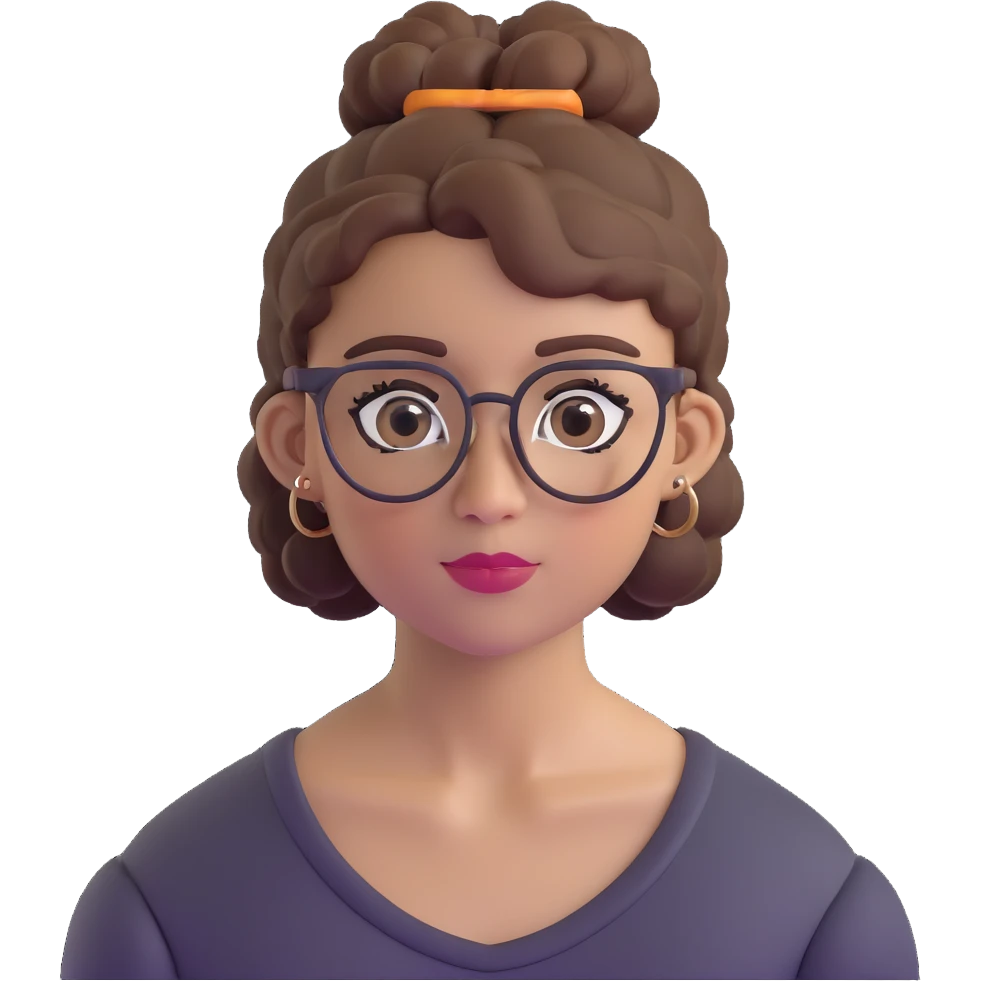 23-year-old girl with square thin glasses, brown curly hair in a high bun, big eyes and lashes, small nose and mouth, thin hoop nose piercing emoji