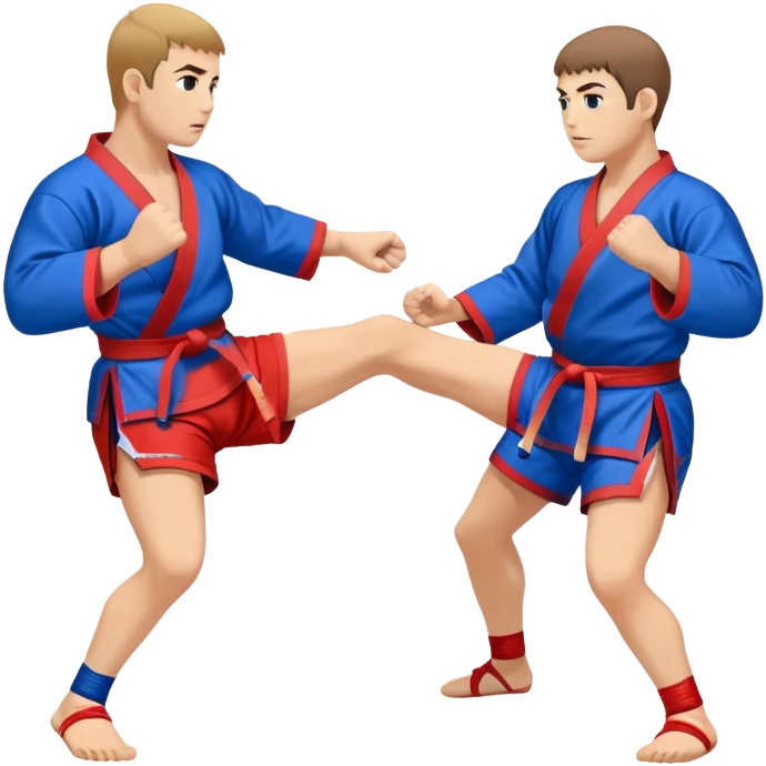 An icon symbolizing Sambo, featuring two fighters in blue and red kimonos with shorts and wrestling shoes. One executes a powerful throw, while the other attempts a defensive grab. The fighters are engaged in a grapple, using joint locks and sweeps.  emoji