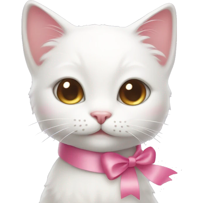 White cat smiling cutely with a cute pink ribbon on her head  emoji