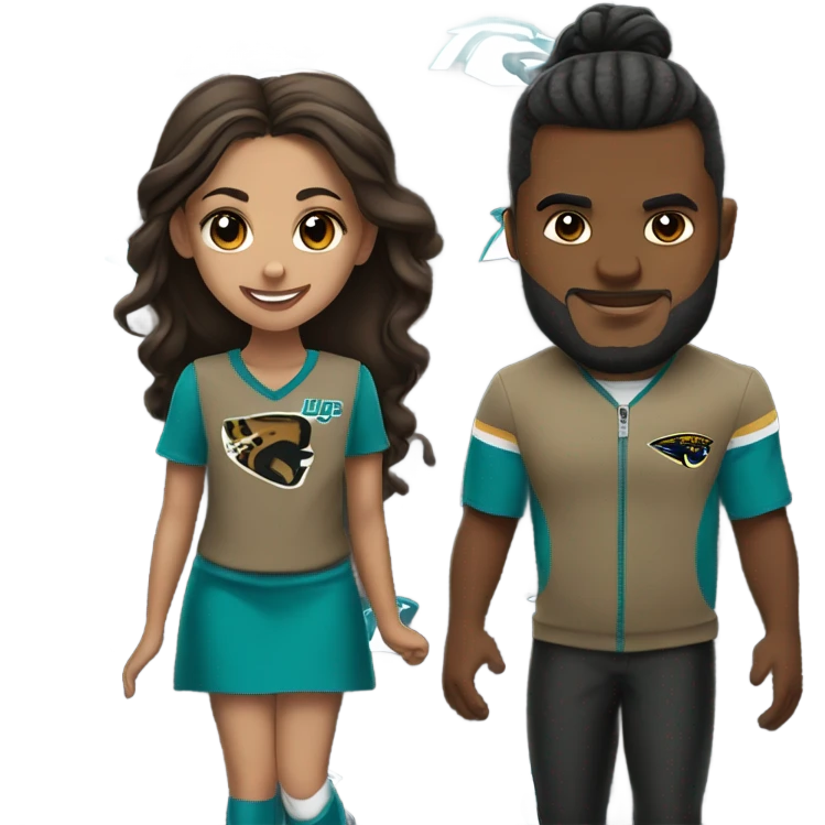 Brown guy and brown girl with hair in ponytail withJacksonville jaguars  clothes holding hands emoji