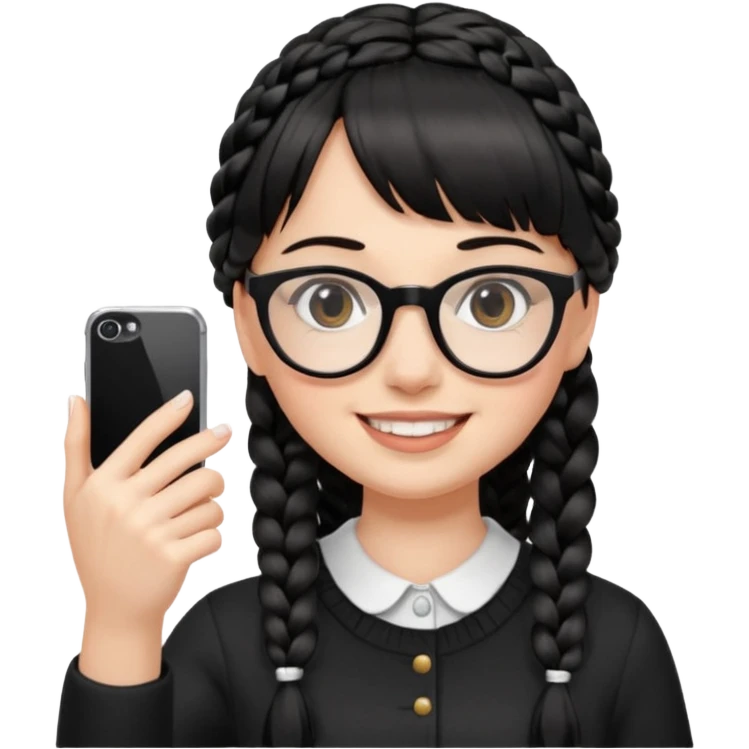 She's wearing black braided, full bangs and glasses and taking a mirror selfie with a white iPhone emoji
