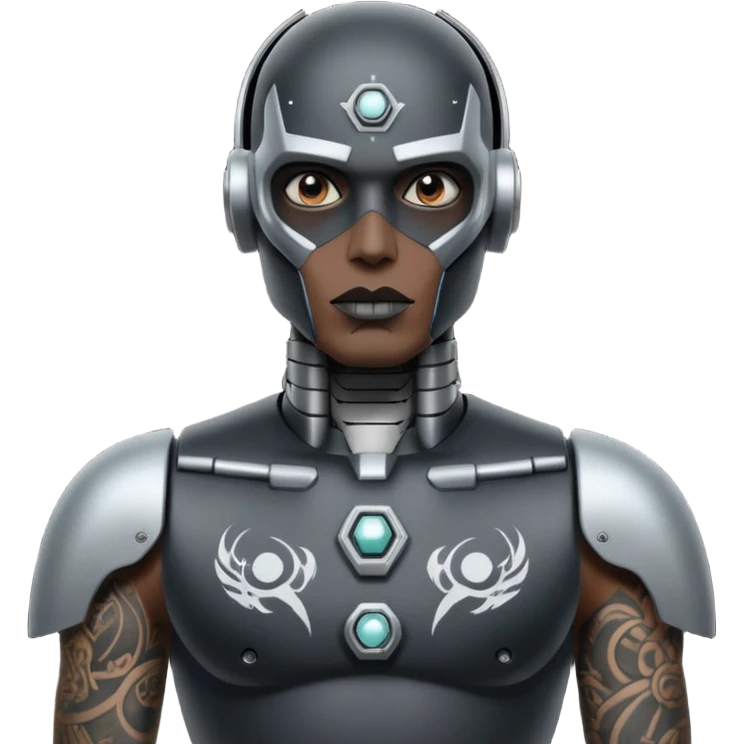 black metal Tatooed robot with rada, big many tatooes on chest, neck and face, white tatoo on face emoji