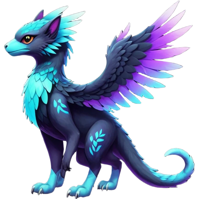 White Iridescent Colorful Exotic Black, Cyan, Purple, Beaked Feathery Nocturnal Neon-glowing Abyssal Lightly Heaven-Cat-Gryphon-Salandit-Nargacuga-Silvally-Vernid-Sergal-Fakémon-Hybrid-Creature (full body) emoji
