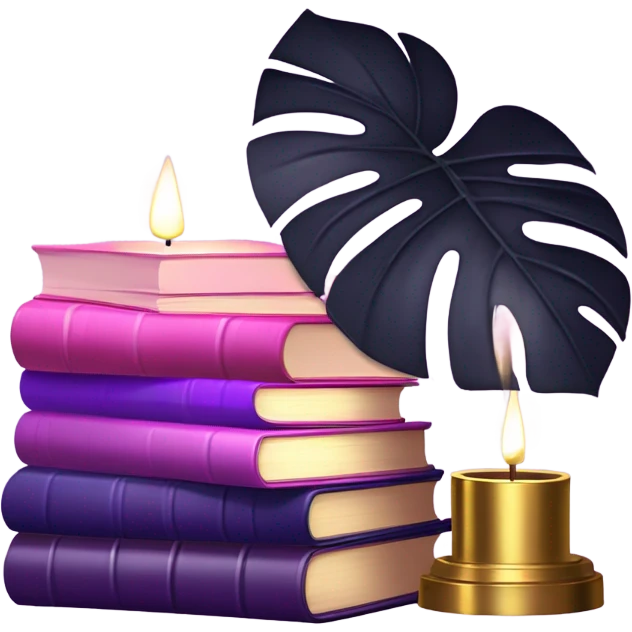 An elegant still life featuring a stack of light and dark violet books, a pink monstera plant, and a brass candle holder. emoji