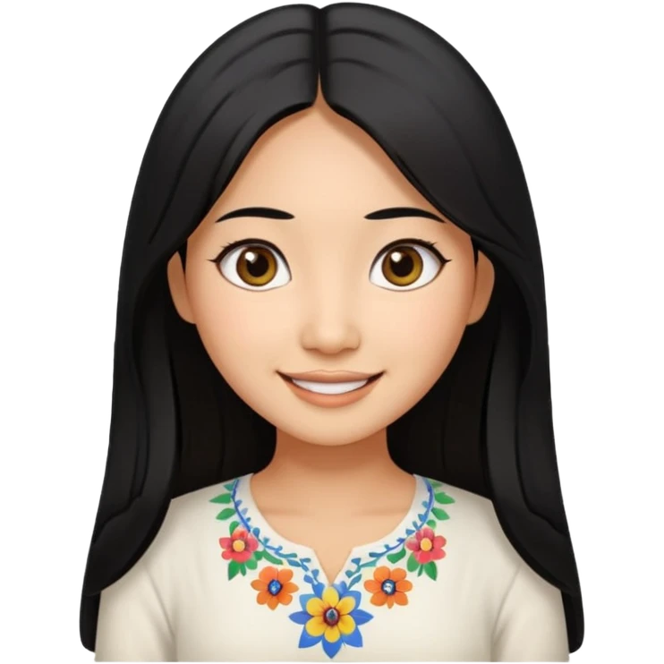 30 yr old asian woman center parted hair big eyes big smile tanned skin straight black hair hippie part hair white blouse emoji