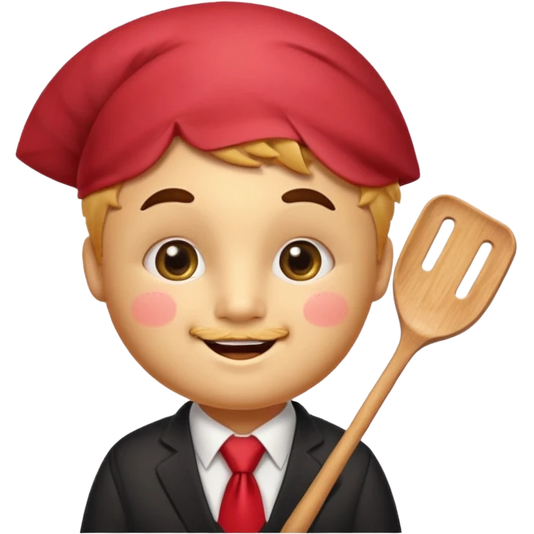 emoji style, happy fried empanada with face, big sparkling eyes, blushing cheeks, two buck teeth, red necktie, holding spatula, thick black outline, golden brown color, very cute and wholesome, transparent background emoji