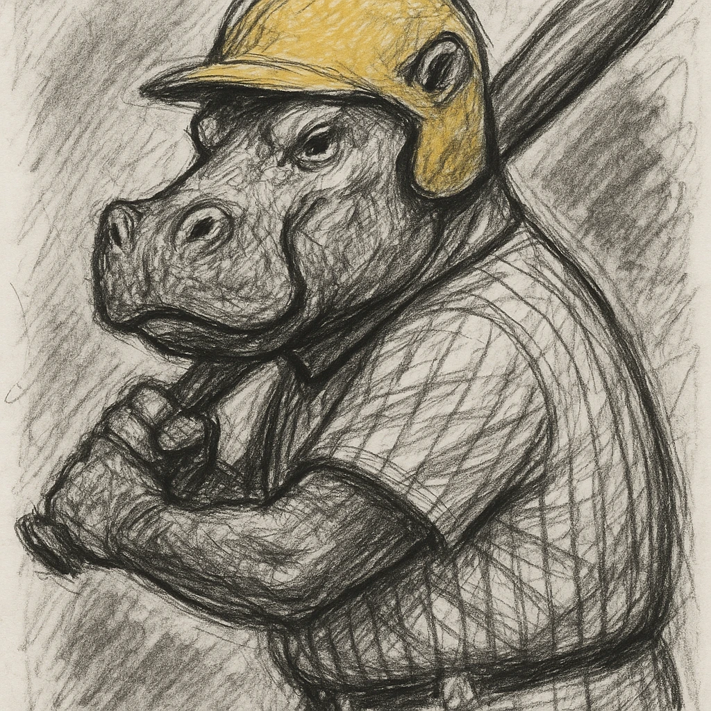hippo holding a baseball bat, wearing a yellow helmet, pinstripes outfit emoji