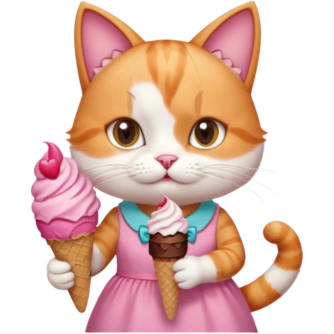 گربه‌ ای سفید نارنجی که پاپیون رو سرشه و لباس صورتی تنشه و بستنی شکلاتی قیفی دستشه emoji