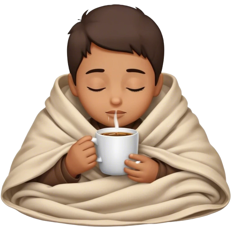 Little brown boy  inside a blanket sipping coffee eyes closed emoji