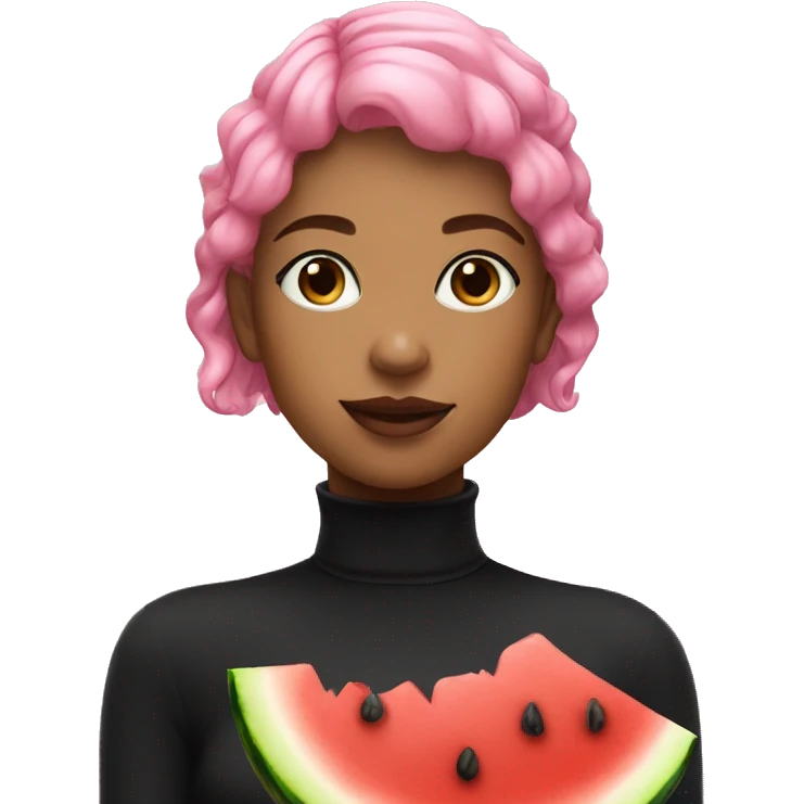 a girl with pink hair wearing a black turtle neck eating watermelon emoji