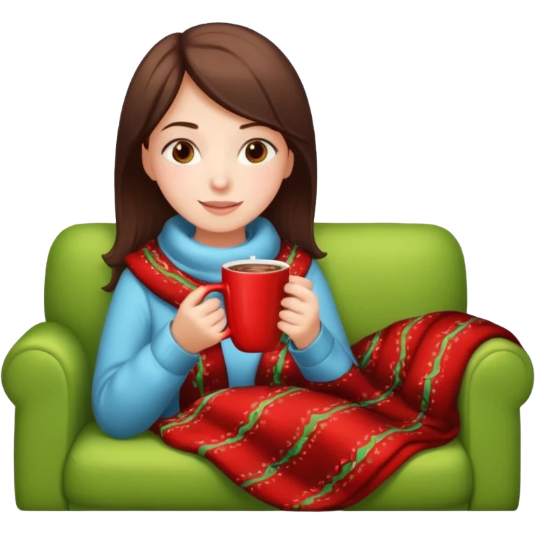 Girl celebrate christmas on the sofa, with hot chocolate, warm sock, warm blanket emoji