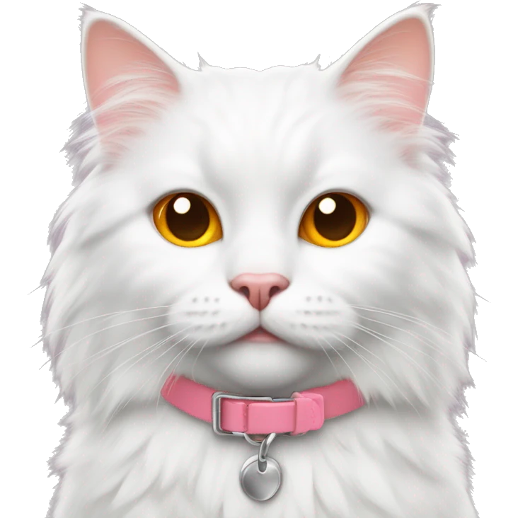 fluffy white cat with orange spots wearing a pink collar emoji