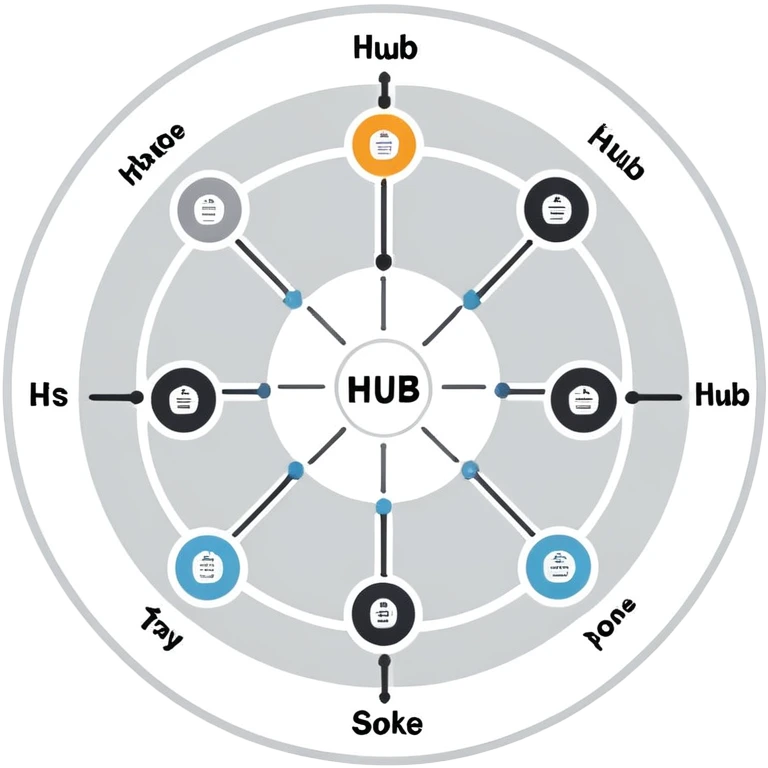 simple diagram of a central circle labeled 'Hub' connected by lines to smaller circles labeled 'Spoke', explanatory diagram style representing Hub & Spoke model in logistics emoji