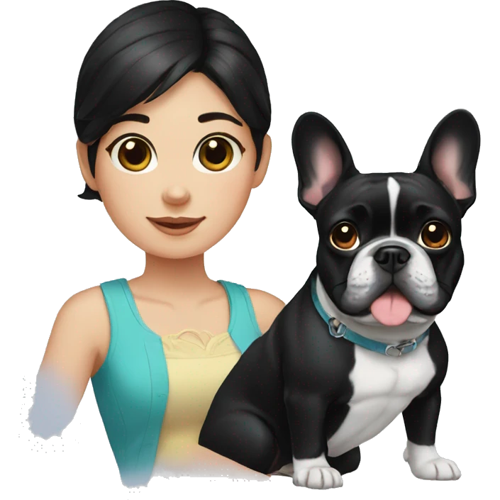 a black-haired girl and a French bulldog emoji