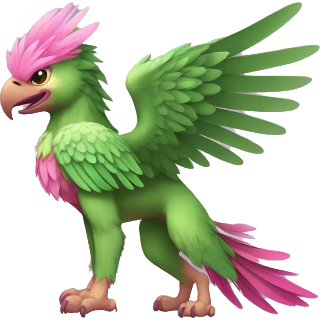 Full-body green gryphon with pink wings and pink tail-feathers emoji