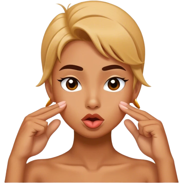 pushing hair behind one ear and making duck lips emoji