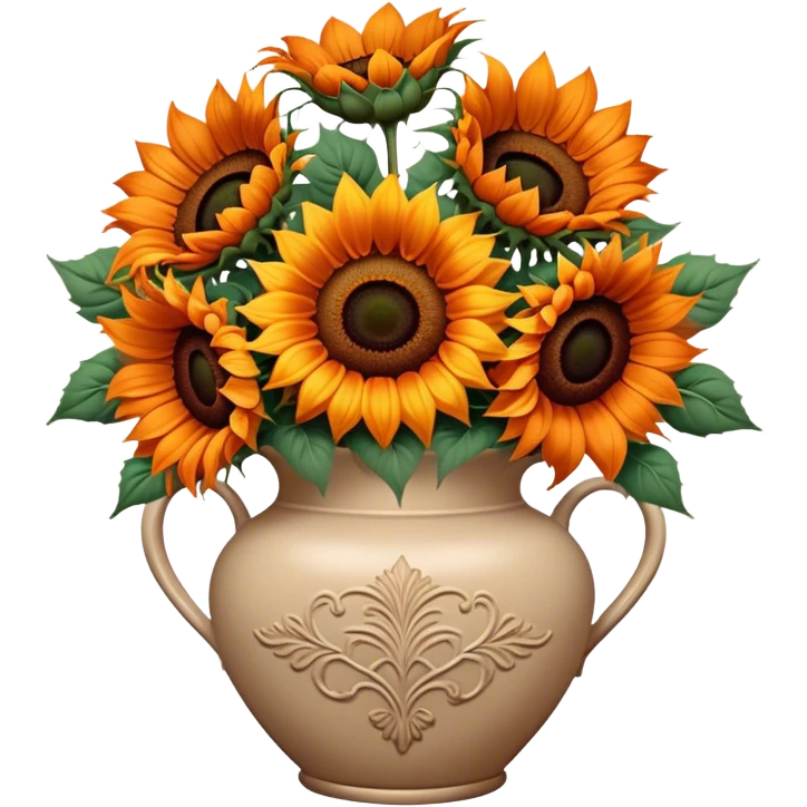 bouquet of bright orange sunflowers in a beige aesthetic vase in vintage style with beautiful ornaments of brown color emoji