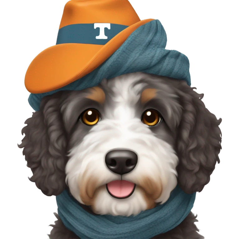 Bernedoodle with University of tennessee hat and scarf emoji