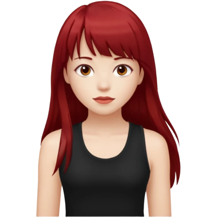 a pretty bratz fair girl with long dark red straight hair with bangs, wearing a black tank top emoji