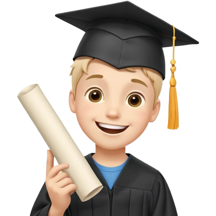 A happy boy wearing a graduation cap, holding a rolled-up diploma in his right hand, smiling with excitement. The scene is bright and celebratory, with a soft background that enhances the joyful moment. emoji