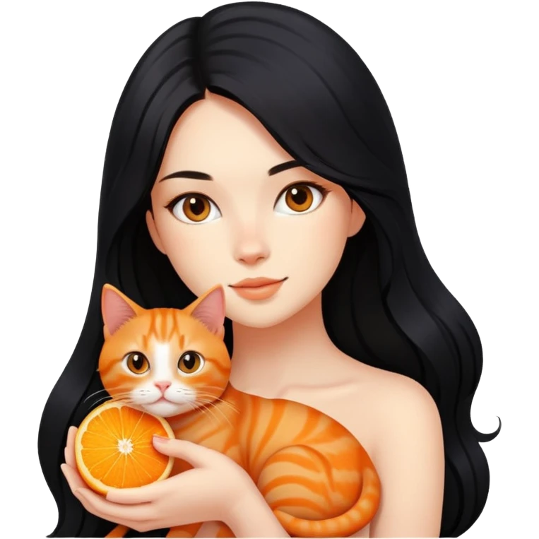 beautiful girl with long flowing black hair holding an orange ginger cat emoji