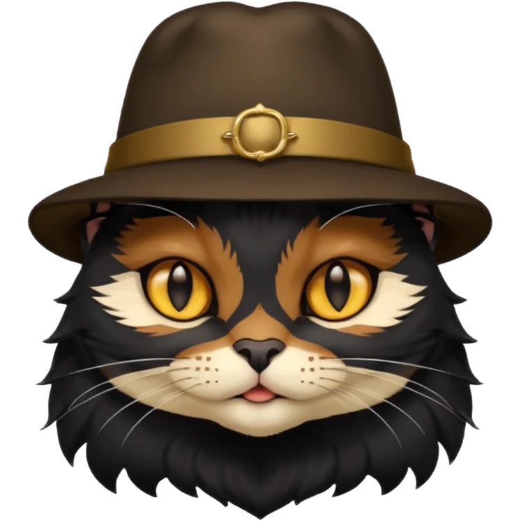 mostly black cat with some brown on face, gold eyes, british hat emoji