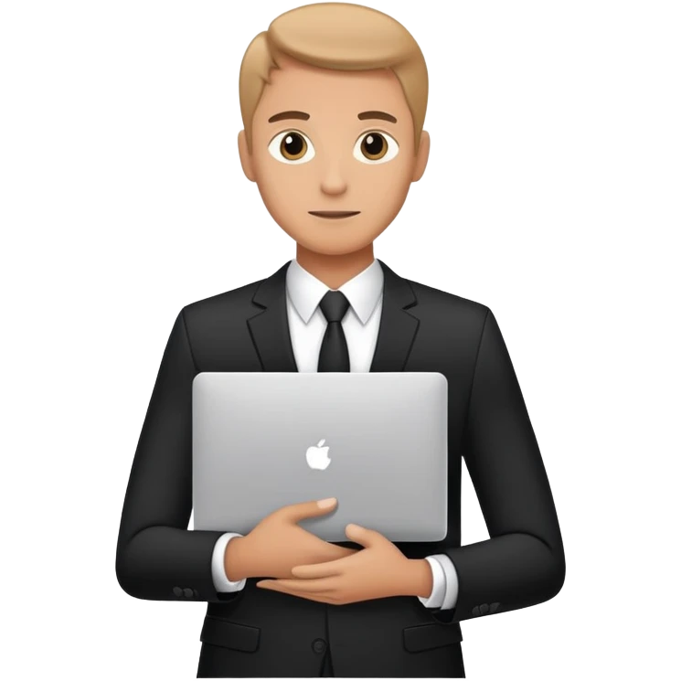 Businessman in a black business suit holding a laptop with PrimeCopy written on it emoji