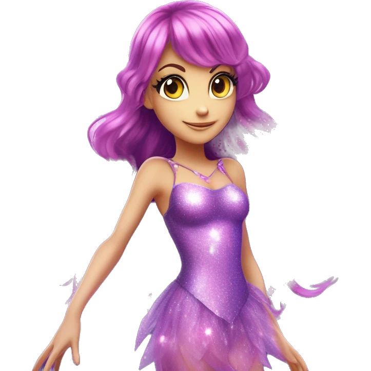 Tecna adult fairy of technology her enchantix fairy purple sparkling two-piece clothing and fairy enchantix wings and long dark pink hair in from winx club. Lots of sparkles and fairydust. Full body pic and full fairy bliss emoji
