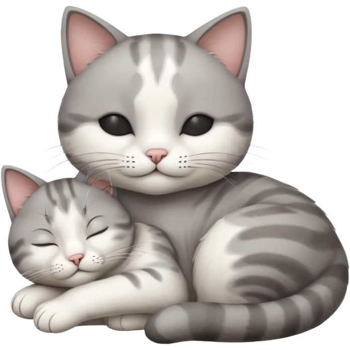 1 grey and white small cat with its eyes closed lying down leaning on its elbow with its paw curled under his head holding it up emoji