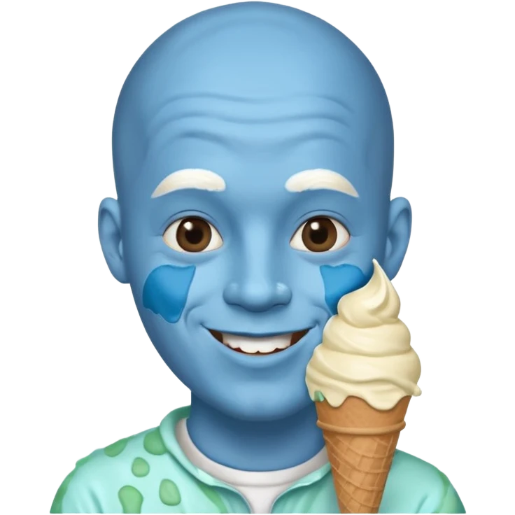 Smiling Bald man with blue with mint ice cream cone all over his face emoji