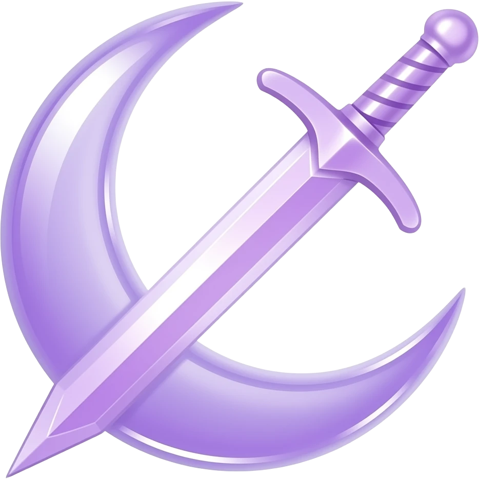 Glowing transparent crescent purple moon with an elegant transparent purple sword, emoji style. Soft violet and white glow, minimal clean design, smooth edges, subtle lighting, centered, high contrast, transparent background, readable at small size. emoji
