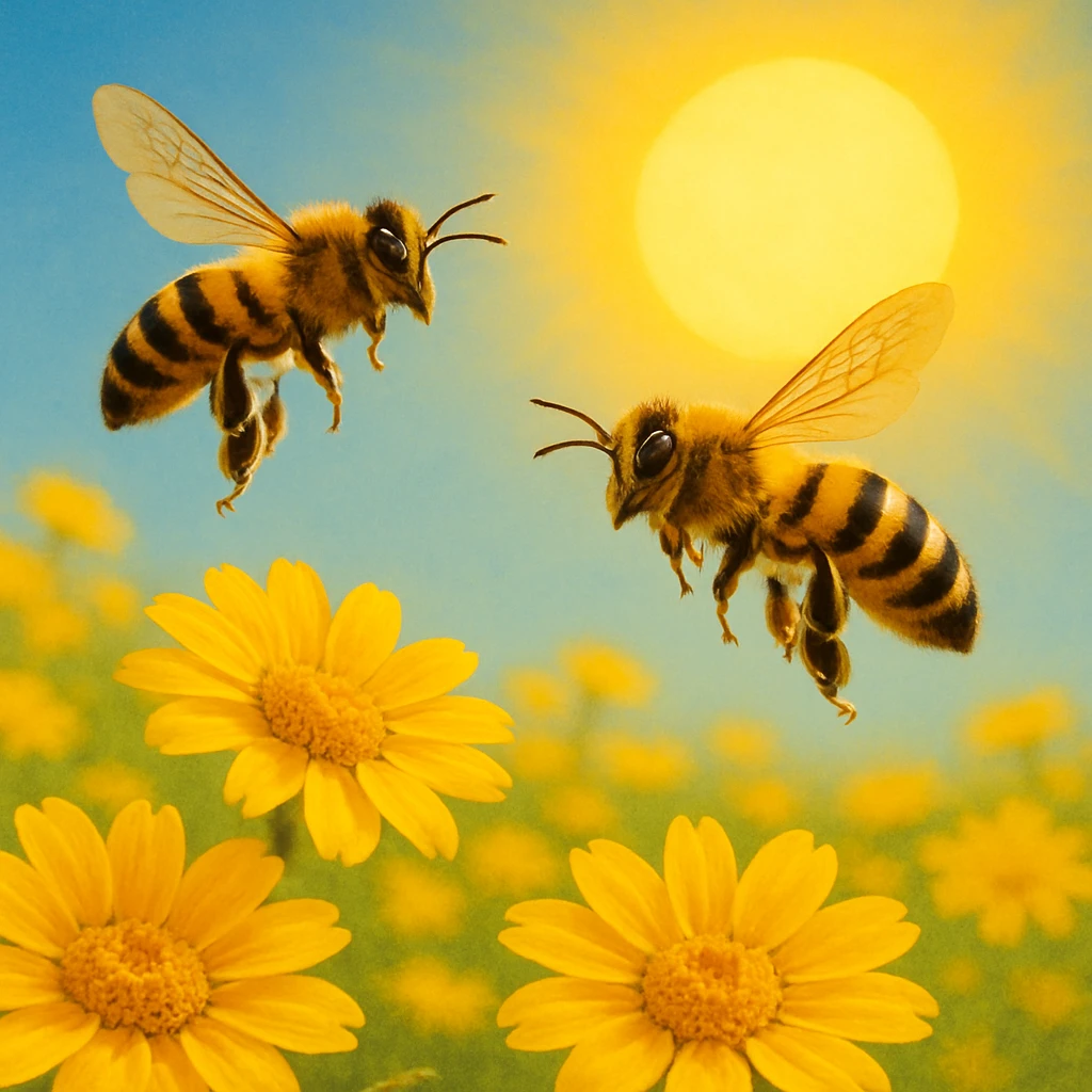 Two bees flying over yellow flowers with a sun in the background, vibrant yellow flowers and bright sun, black and yellow bees, variation 3 emoji