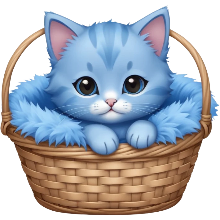 A blue kitten lying in a basket, with no details. Minimalist design, focusing on the kitten's simple and cute form in the basket. emoji