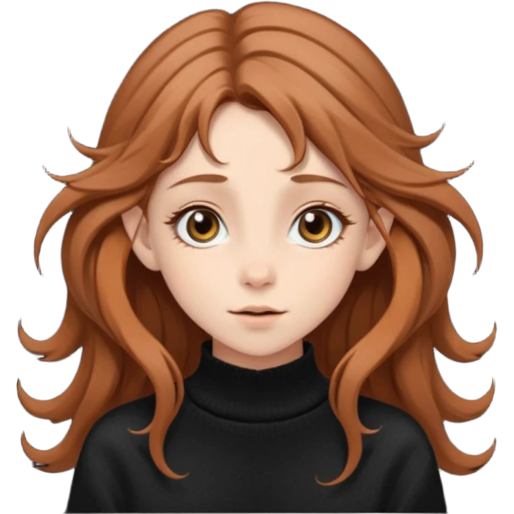 A delicate, elf-like girl with windswept chestnut hair, wearing an oversized sweater in signature black and  emoji