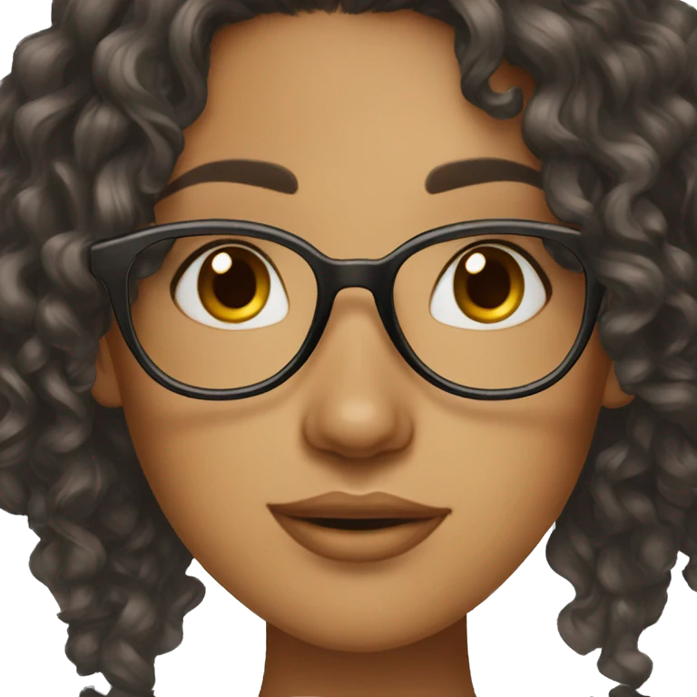 girl, big nose, long curly black hair, earrings, dark brown eyes, tan skin, freckles, glasses, glamour emoji