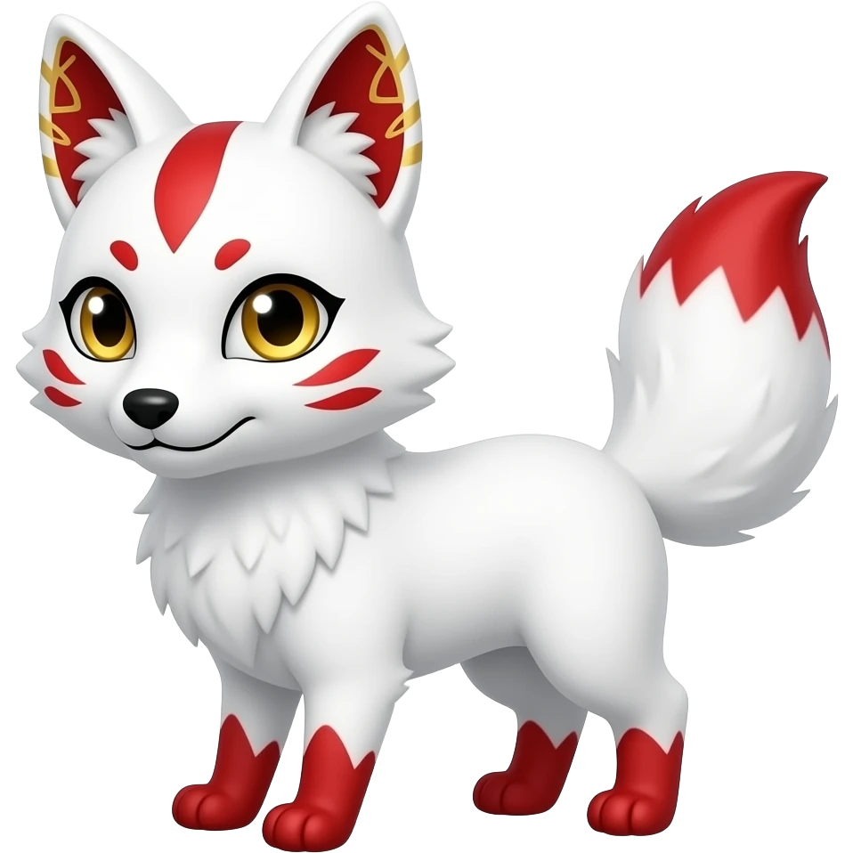 A white one-tailed kitsune (fox form,) with red accents, (two on each cheek, and a single one of its forehead,) red on the insides of its ears, (with gold markings in the ears,) and pale golden eyes. No red on its paws and a red tail tip. emoji
