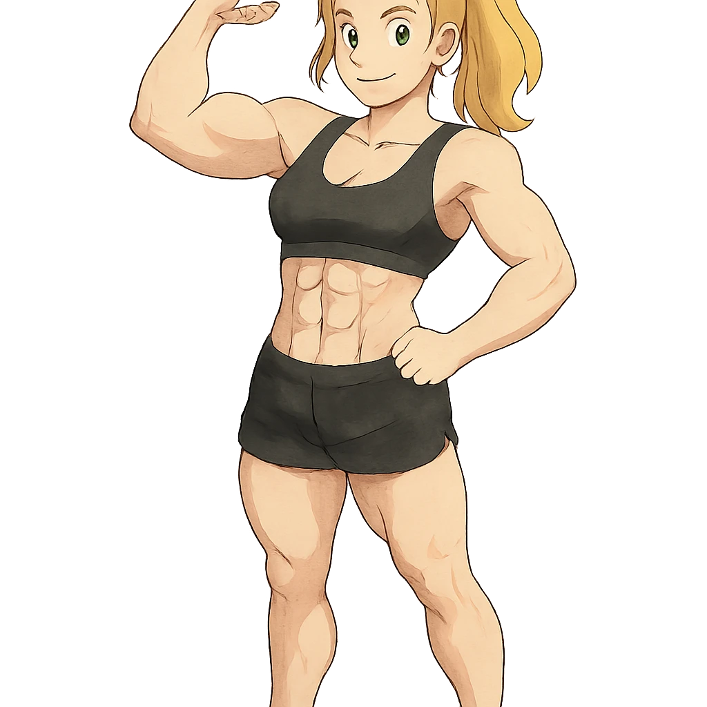 full body pose of a muscular white girl with blonde hair and green eyes, flexing 6 pack abs and one arm bicep emoji