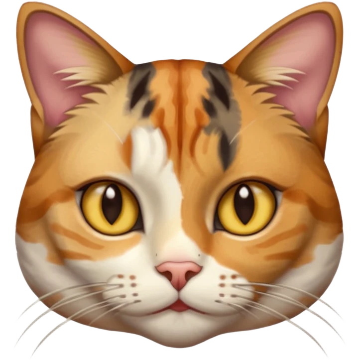 full body anxious looking colourful light calico tabby cat with hazel eyes  and half of face in brown tabby emoji
