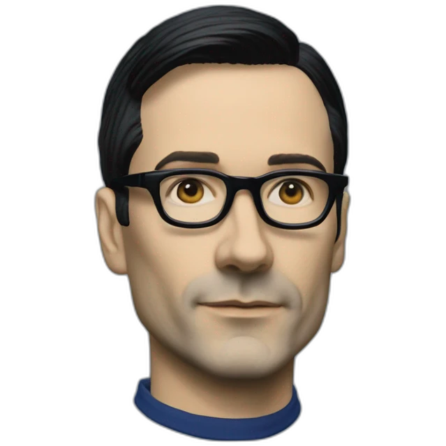 photo realistic Ralf Hutter from Kraftwerk, short straight black hair, black glasses, Dark Blue T-shirt, lean, left view emoji