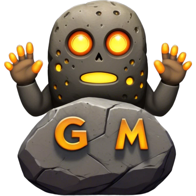 "Rock creature with glowing dots and 'GM' behind, featuring a rugged gray and brown stone body, orange-brown arms, and seven yellow glowing eyes arranged as three on the left, one in the middle, and three on the right, with large bold 'GM' letters in the background." emoji