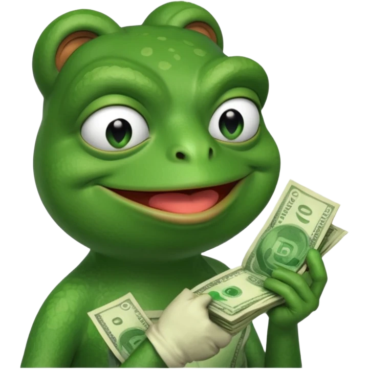 Pepe the frog sniffing a wad of money in his hand and smiling emoji