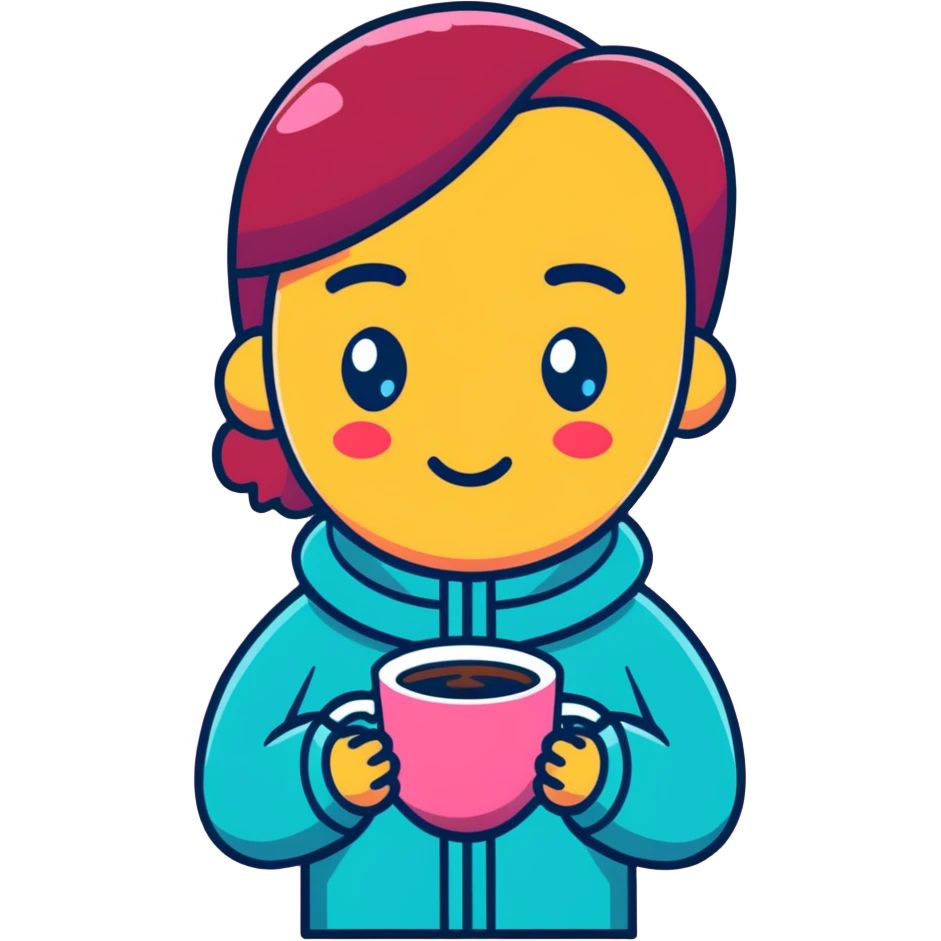 cartoon psychologist character with wet eyes, holding a cup of cocoa, comforting look, pink red yellow palette, 'I'm here for you' vibe emoji