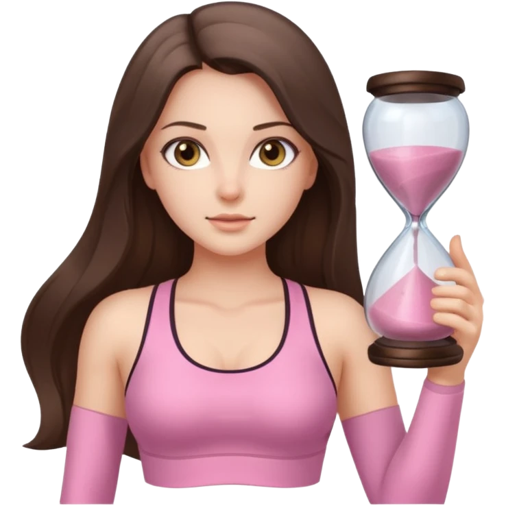 white brunette girl long hair with hazel eyes in light pink workout with hourglass figure emoji