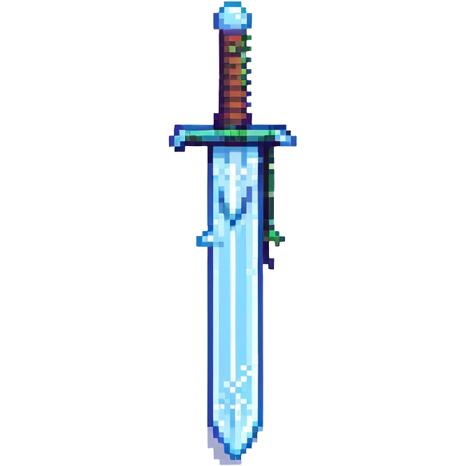 Pixel art sword with snow dragon theme, frosty effects, blue and white color palette, retro game style emoji