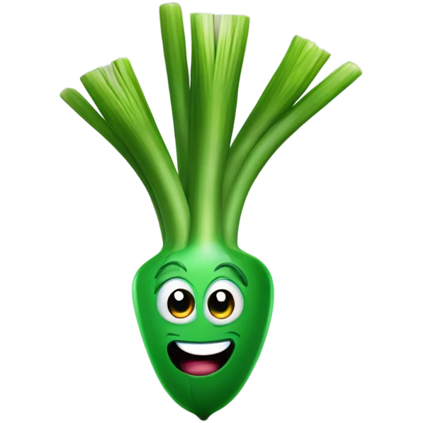 3D Cheerful green onion with big expressive eyes, a wide smile, and a few green stalks on top. Designed in a cute, cartoonish style with vibrant colors. emoji