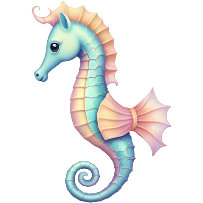 Cinematic Noble Sea Horse Portrait Emoji, Poised and enchanting, with a delicate, slender body in soft pastel hues, a gracefully curled tail and large, expressive eyes radiating gentle wonder, Simplified yet charmingly cute features, highly detailed, glowing with a soft, magical aquatic luminescence, high shine, intelligent and endearing, stylized with an air of whimsical marine grace, focused and poised, soft glowing outline, capturing the essence of a watchful and confident seahorse that appears ready to drift out of the screen with delightful charm! emoji