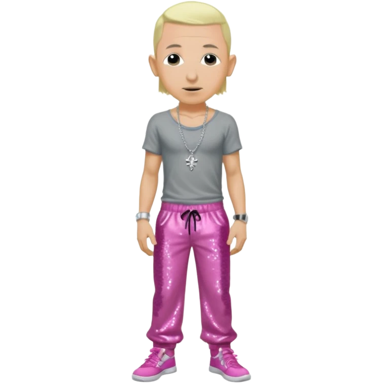 Chester Bennington with blonde hair, dark pink sequin baggy pants, shirtless with necklace  emoji