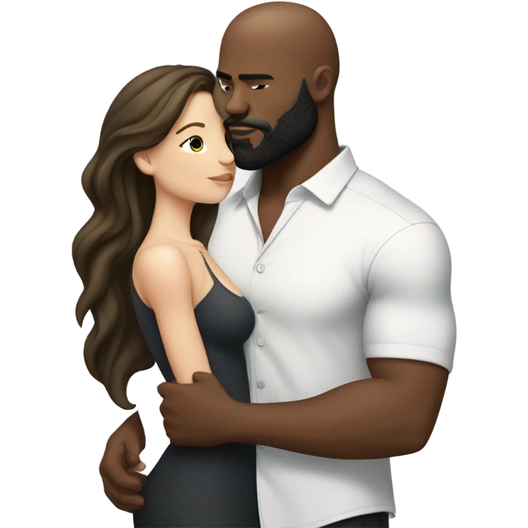 Curvy White brunette kissing muscular black bald man with beard emoji