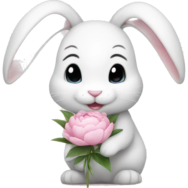 cute white bunny holding light pink peonies emoji