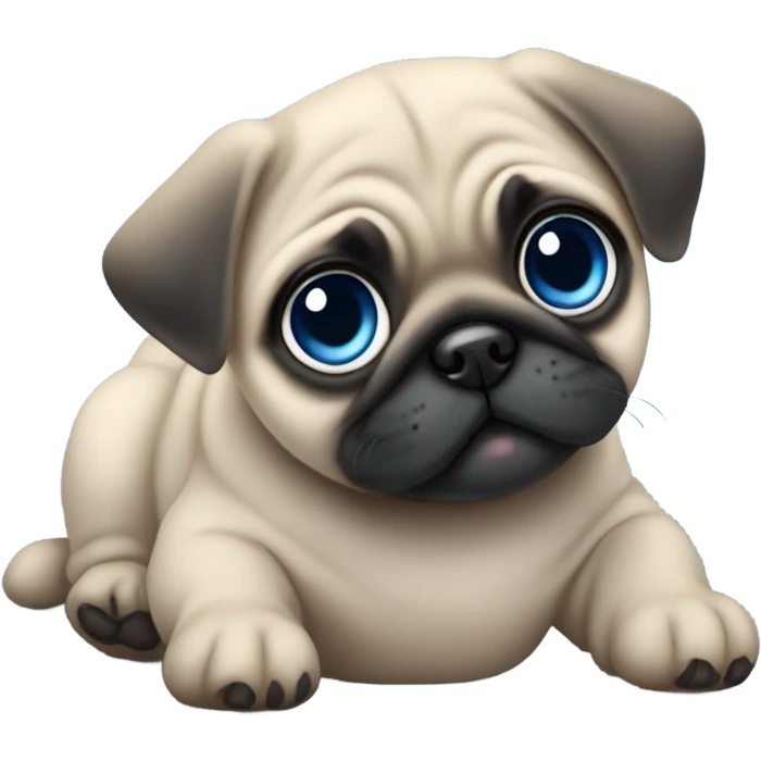 Baby pug with big blue eyes chewing a blue teddy bear  emoji